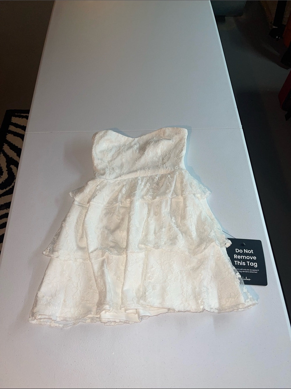 Lulus Lace Strapless Tiered Mini Dress.
